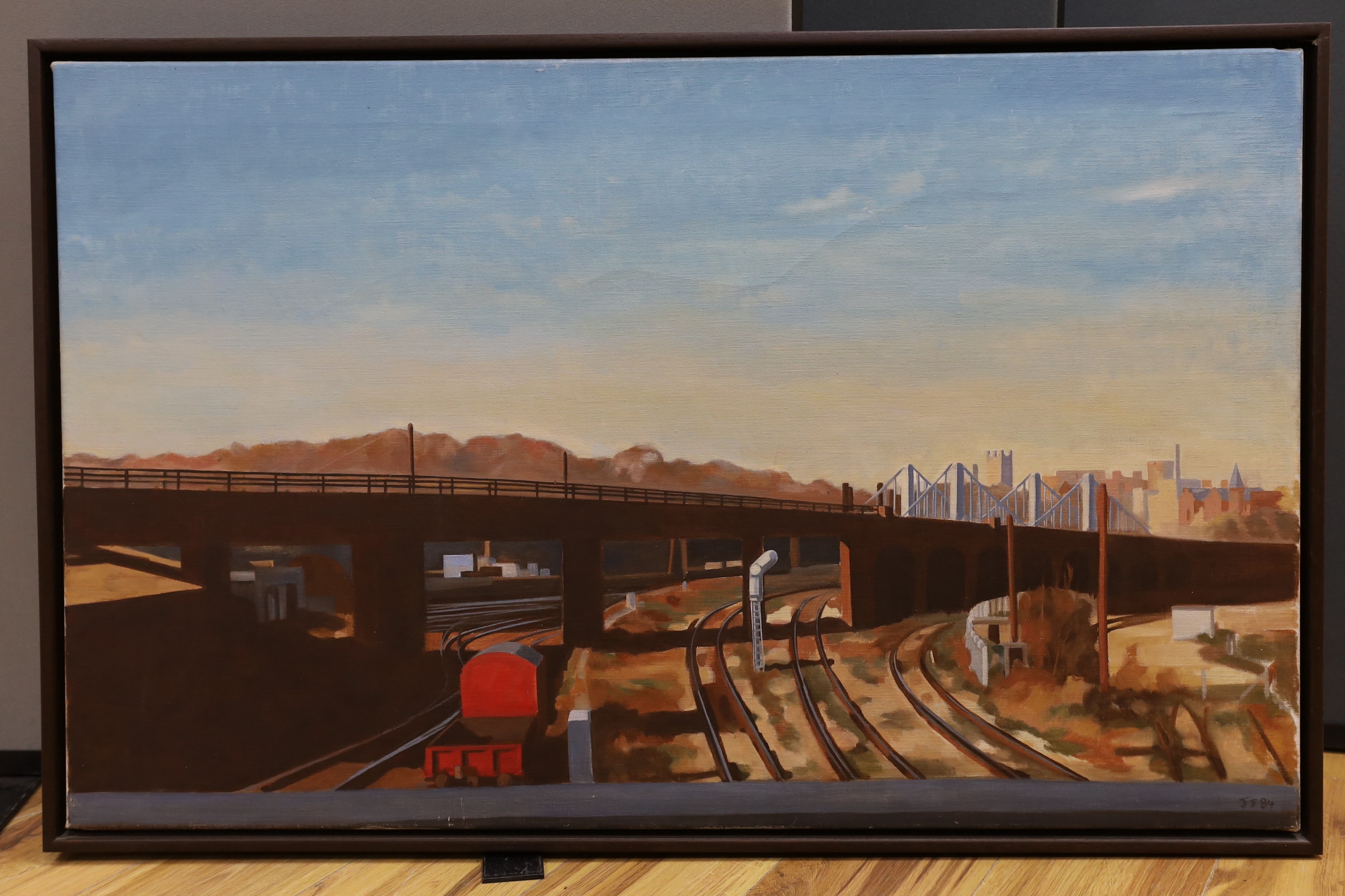 John James (b.1947), oil on canvas, Railway tracks with a castle beyond, initialled and dated ’84, 64 x 102cm